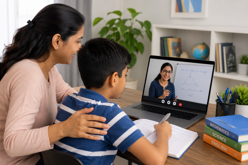 Parent and child comparing online tutoring options on a lapto