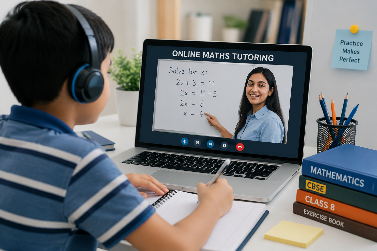 Online Maths tutoring session with digital equations and a student learning