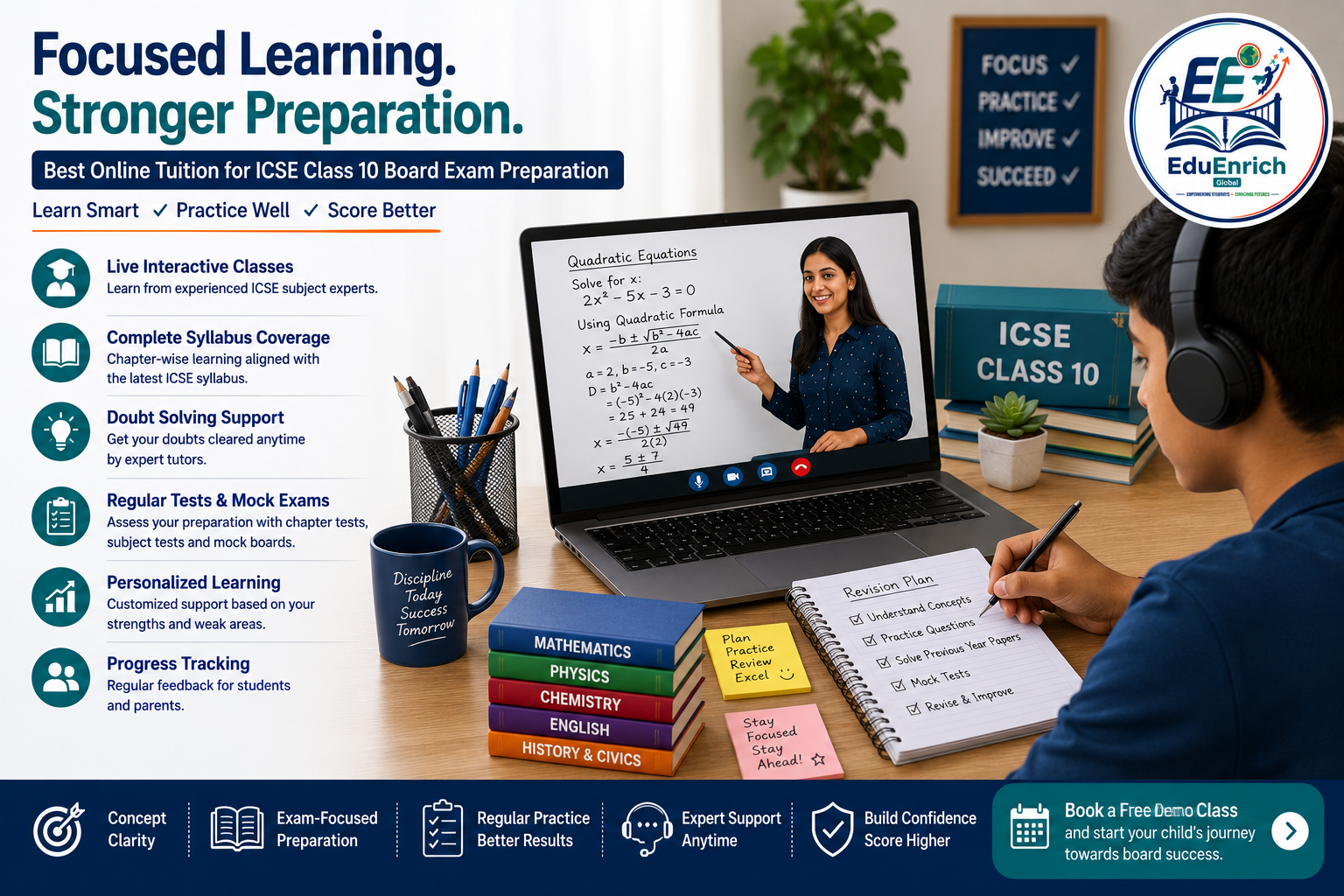 ICSE Class 10 student revising for board exams with online tuition support