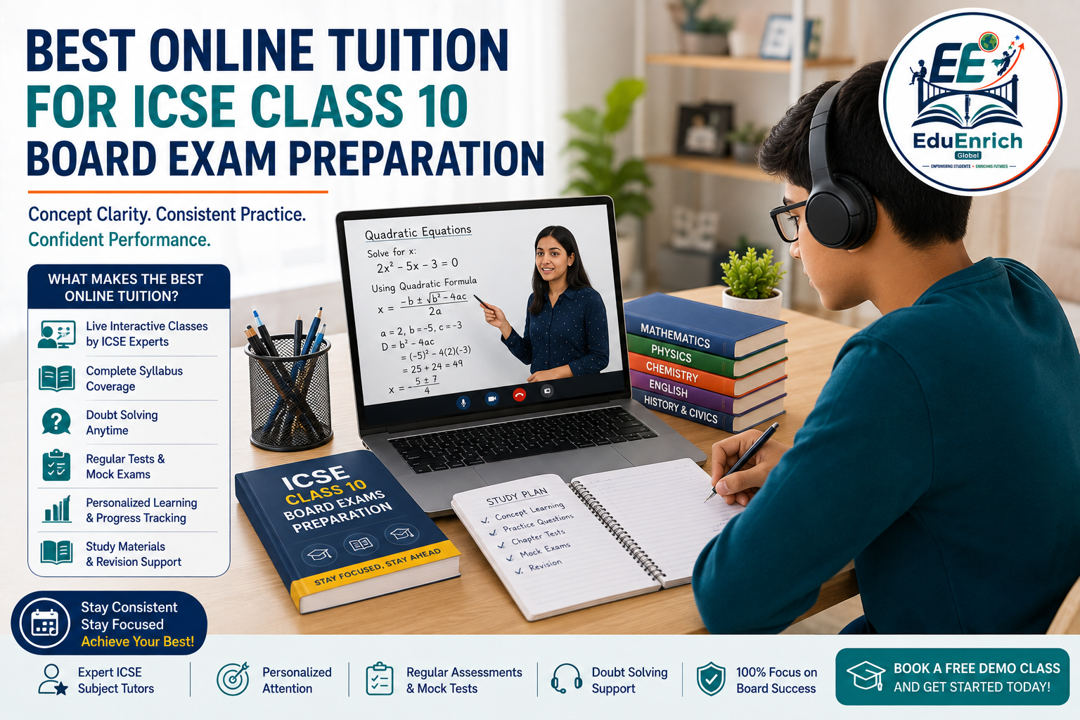 ICSE Class 10 student preparing for board exams with online tuition support