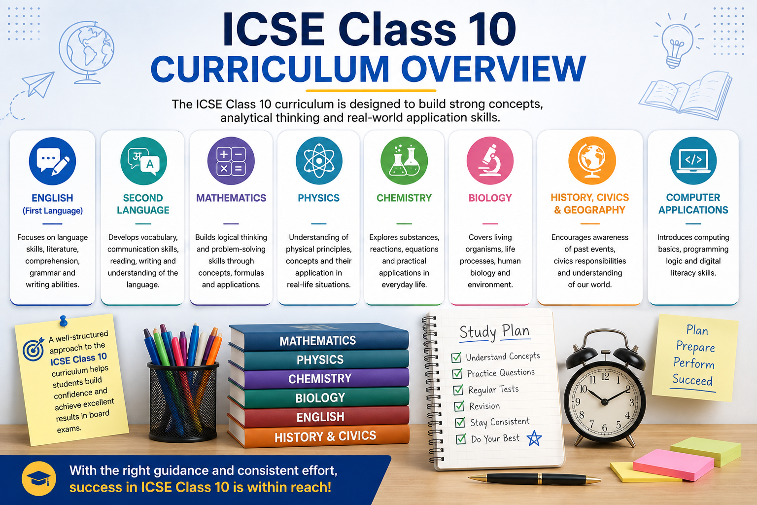 ICSE Class 10 curriculum and subjects for board exam preparation