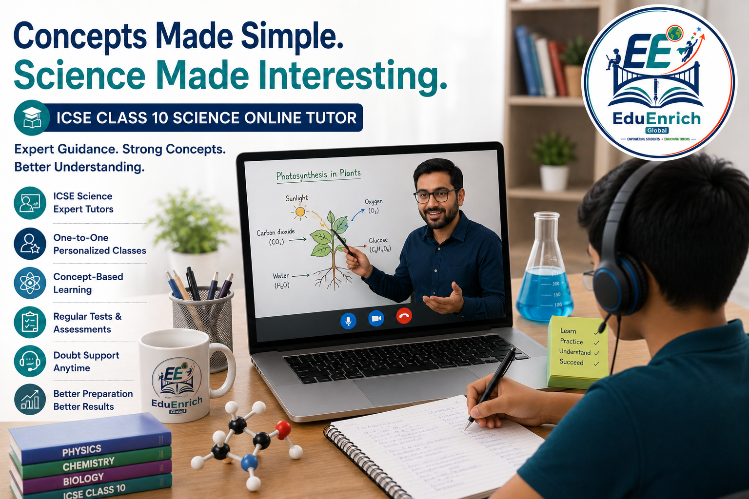 ICSE Science tutor teaching a Class 10 student through an online class