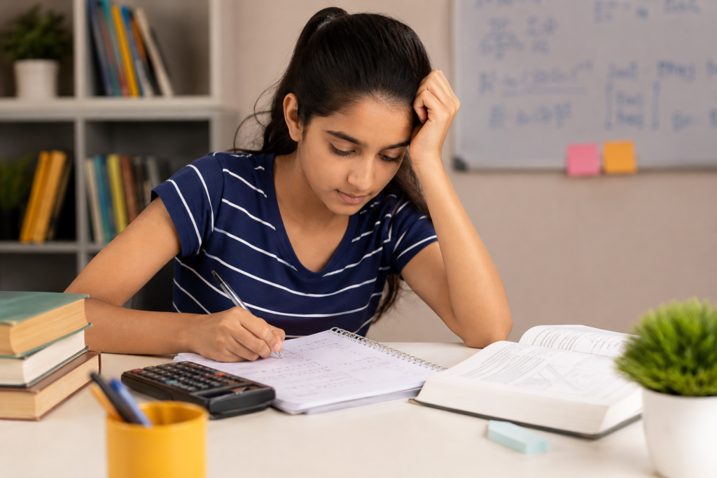 Student studying with a notebook and maths textbook at home