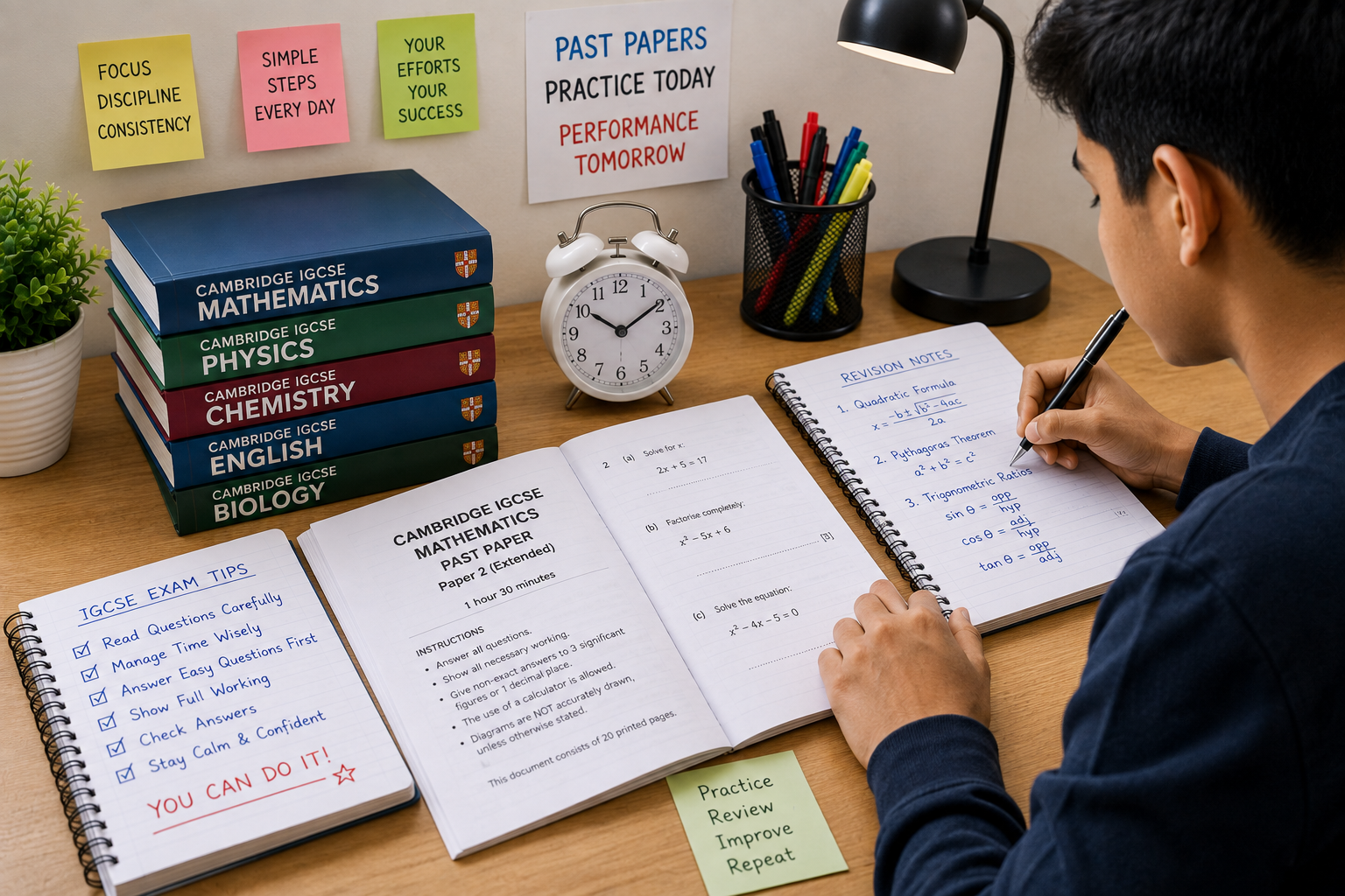 Student practising Cambridge IGCSE past papers and exam questions