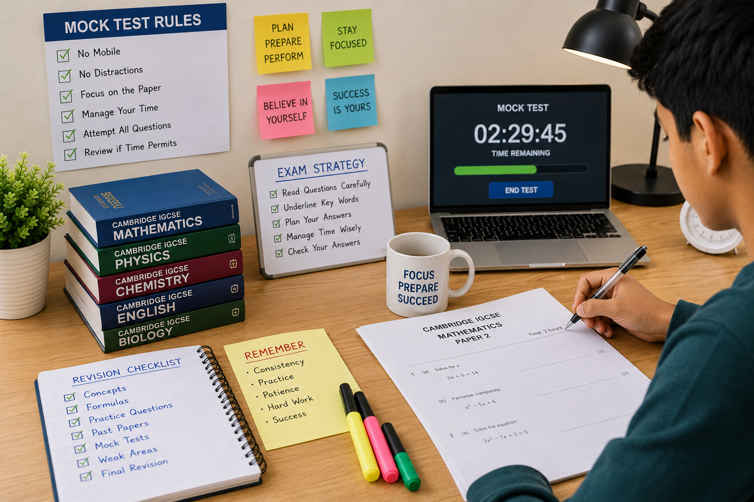 Cambridge IGCSE student taking a timed mock test for exam preparation