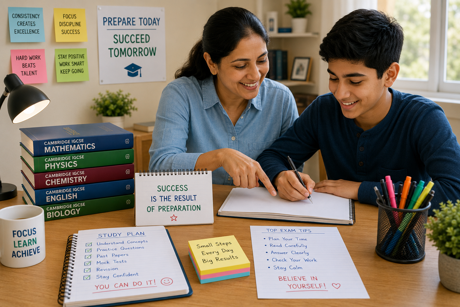 Parent supporting a student with Cambridge IGCSE exam preparation