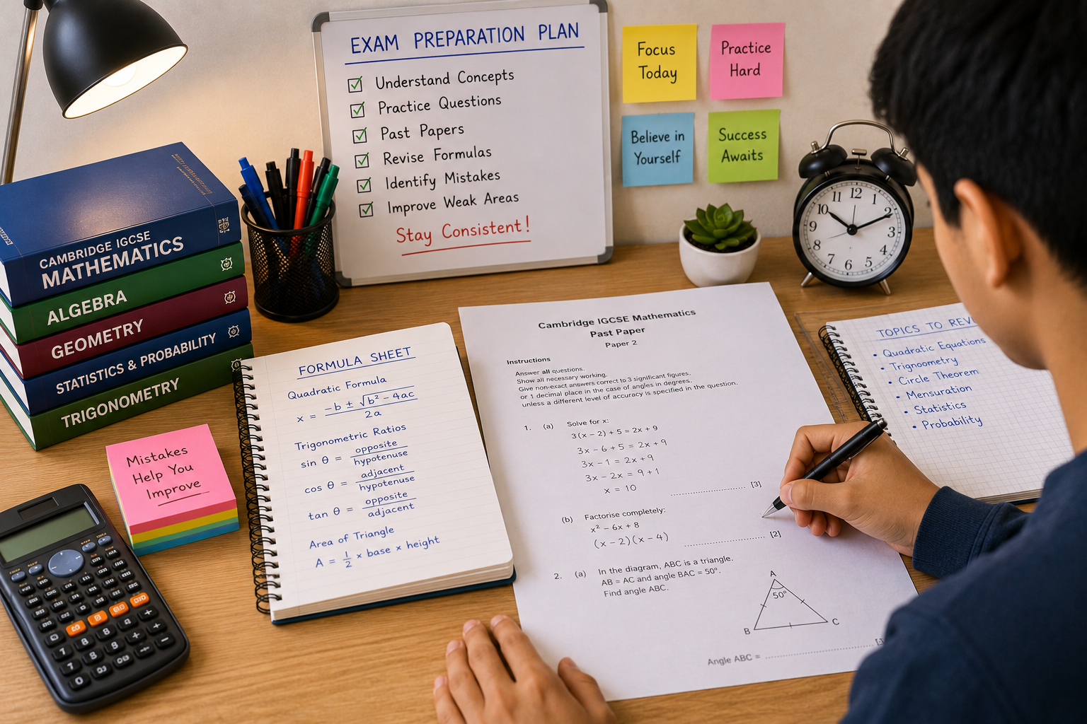 Student preparing for a Cambridge IGCSE Mathematics exam with past papers