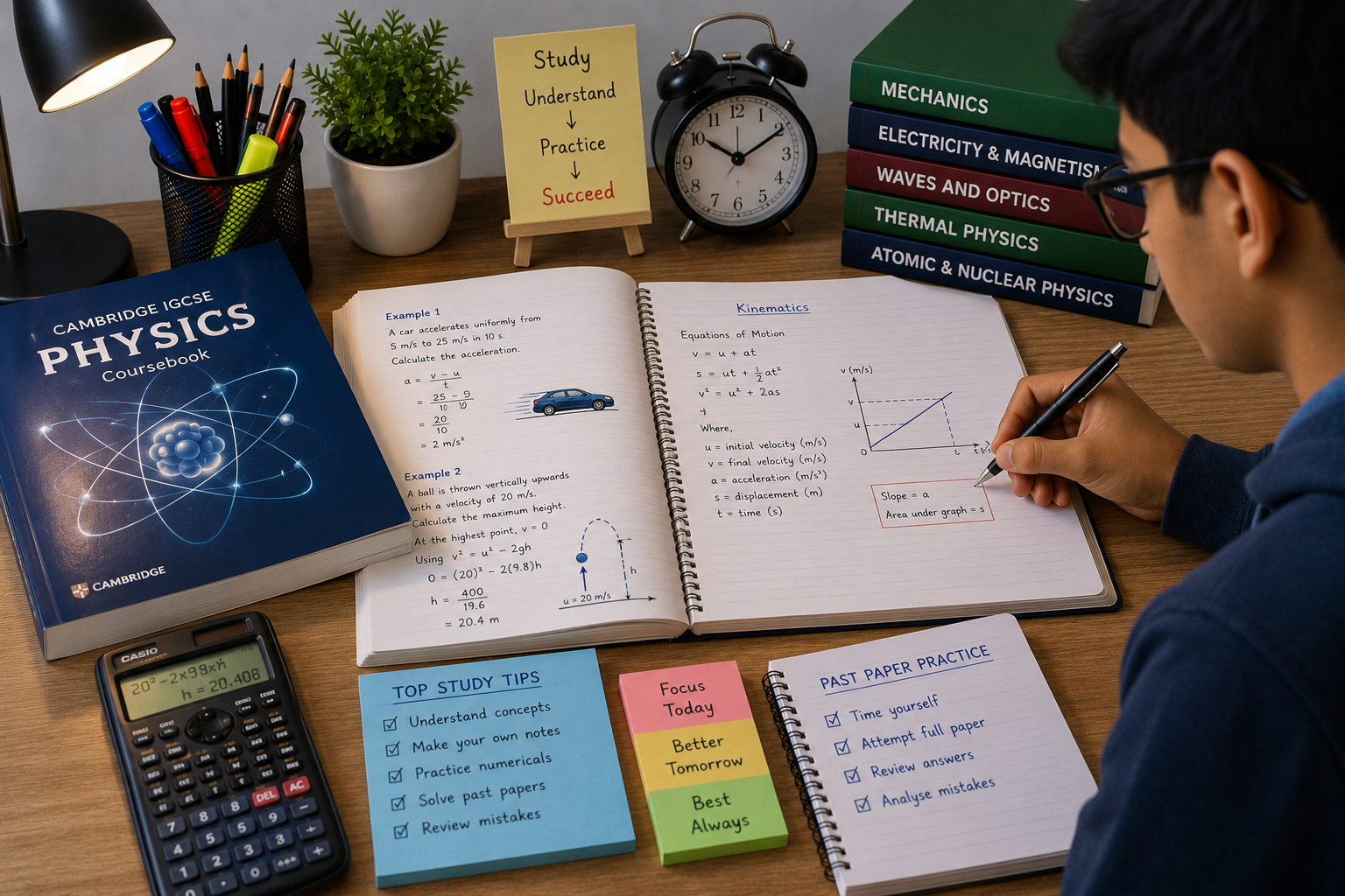 Student solving Cambridge IGCSE Physics practice questions and equations