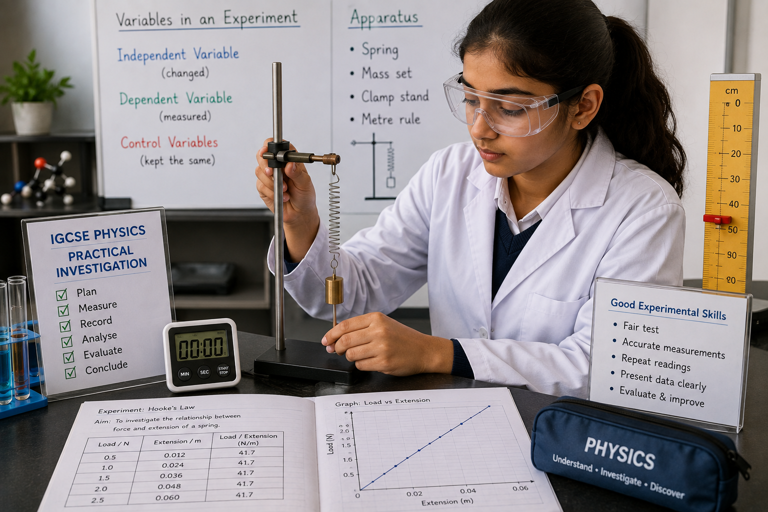 Student performing a Cambridge IGCSE Physics practical experiment